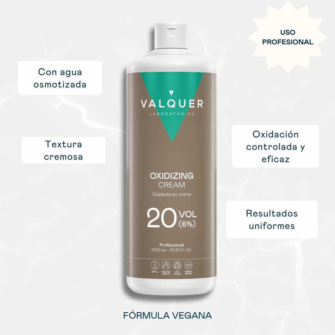 Oxidante en crema Valquer 20 vol 6% con agua osmotizada, fórmula vegana de uso profesional