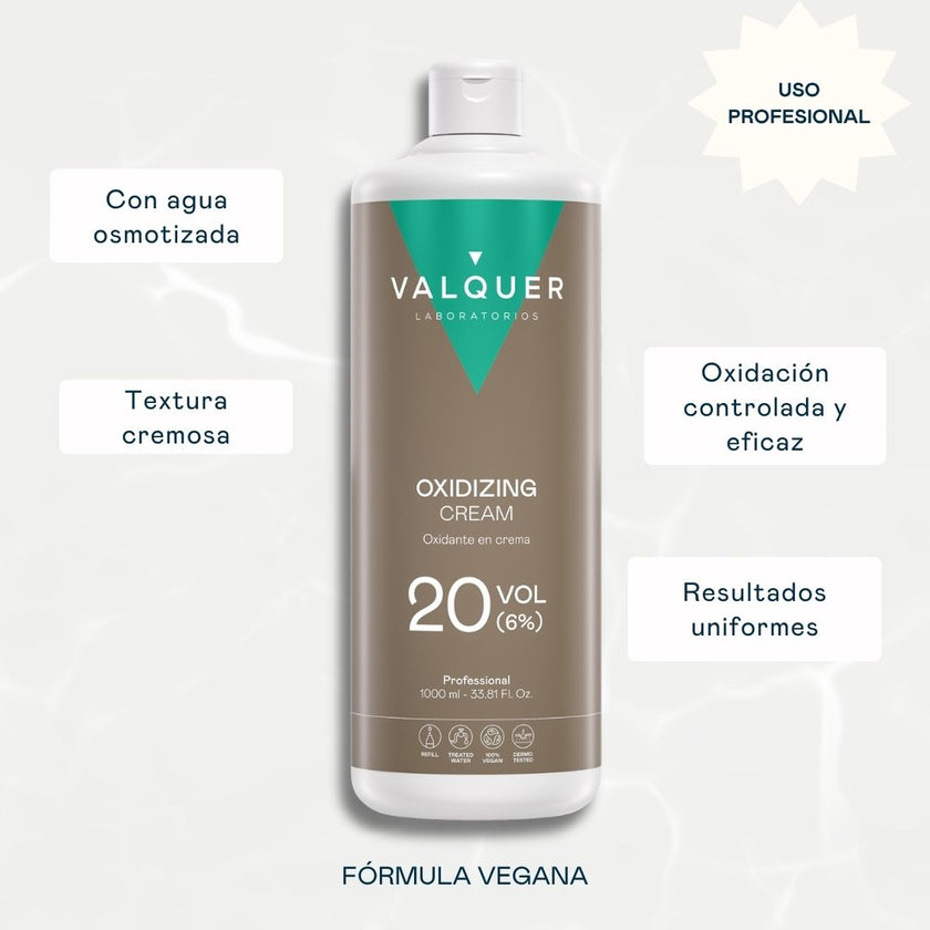 Oxidante en crema Valquer 20 vol 6% con agua osmotizada, fórmula vegana de uso profesional