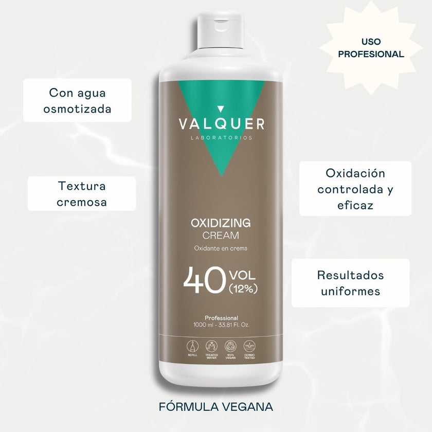Oxidante en crema 40 vol de Valquer con agua osmotizada, textura cremosa y fórmula vegana para una oxidación controlada
