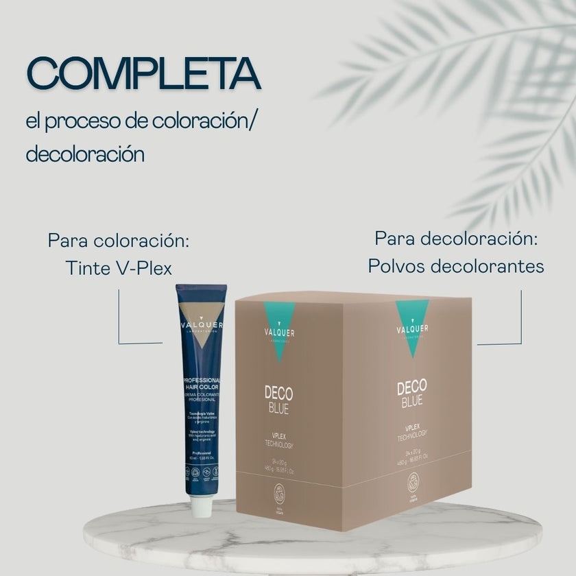 Oxidante Premium 10 vol Valquer junto a tinte V-Plex y decolorante Deco Blue para coloración profesional