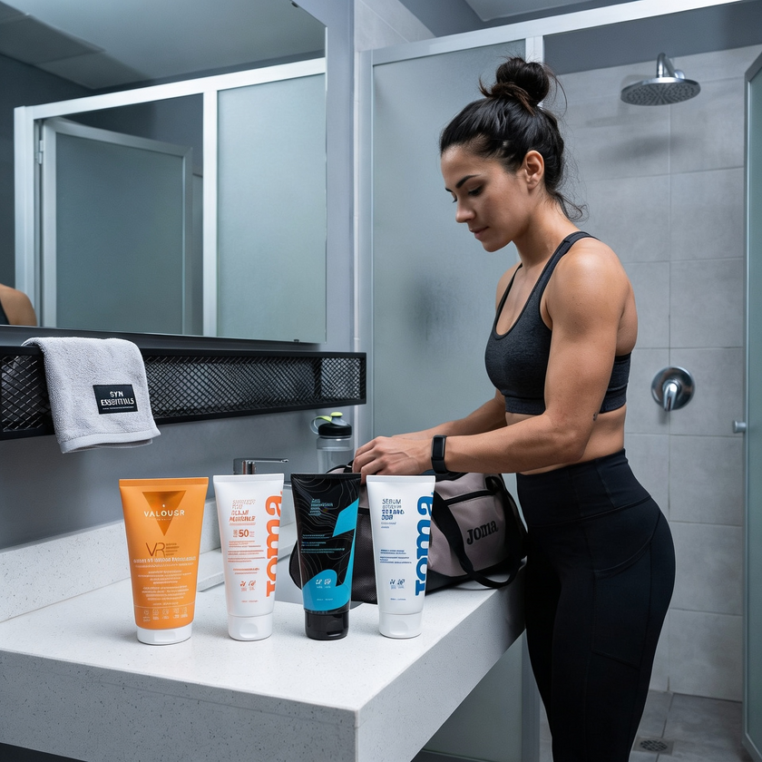 Pack Active Routine de Valquer junto a deportista en vestuario con sérum SPF 50, gel frío, sérum reparador de manos y VR