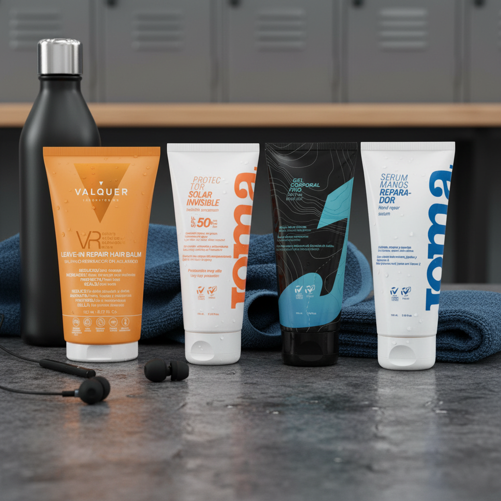 Pack Active Routine de Valquer en gimnasio con sérum SPF 50, gel frío, sérum reparador de manos y VR