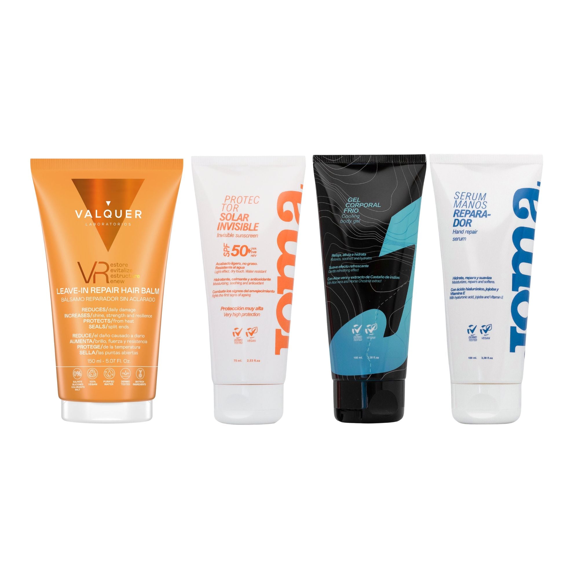 Pack Active Routine de Valquer con sérum SPF 50, gel frío, sérum reparador de manos y VR sobre fondo blanco