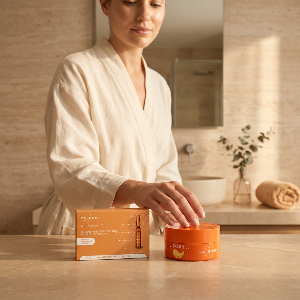 Mujer junto a pack de ampollas de vitamina C y parches para ojos de Valquer Laboratorios.