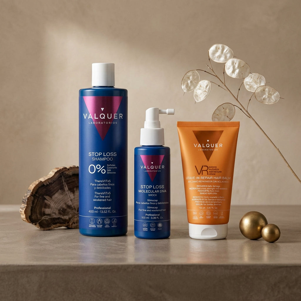 Champú Stop Loss, loción molecular DNA y bálsamo VR Valquer en composición ambiental