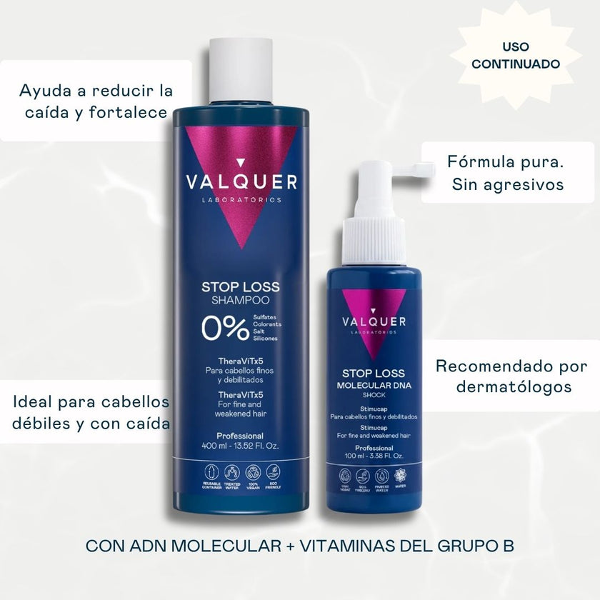 Pack Stop Loss Valquer en caja Hair Care, champú 400ml y shock ADN molecular 100ml anticaída