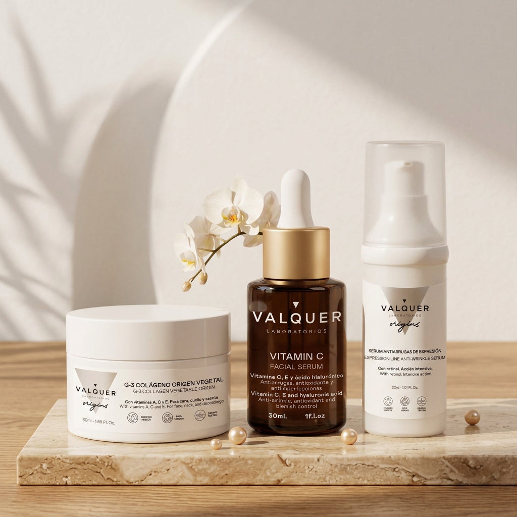 Pack Antiedad Facial de Valquer sobre encimera de baño con crema colágeno G-3, sérum vitamina C y sérum antiarrugas de expresión