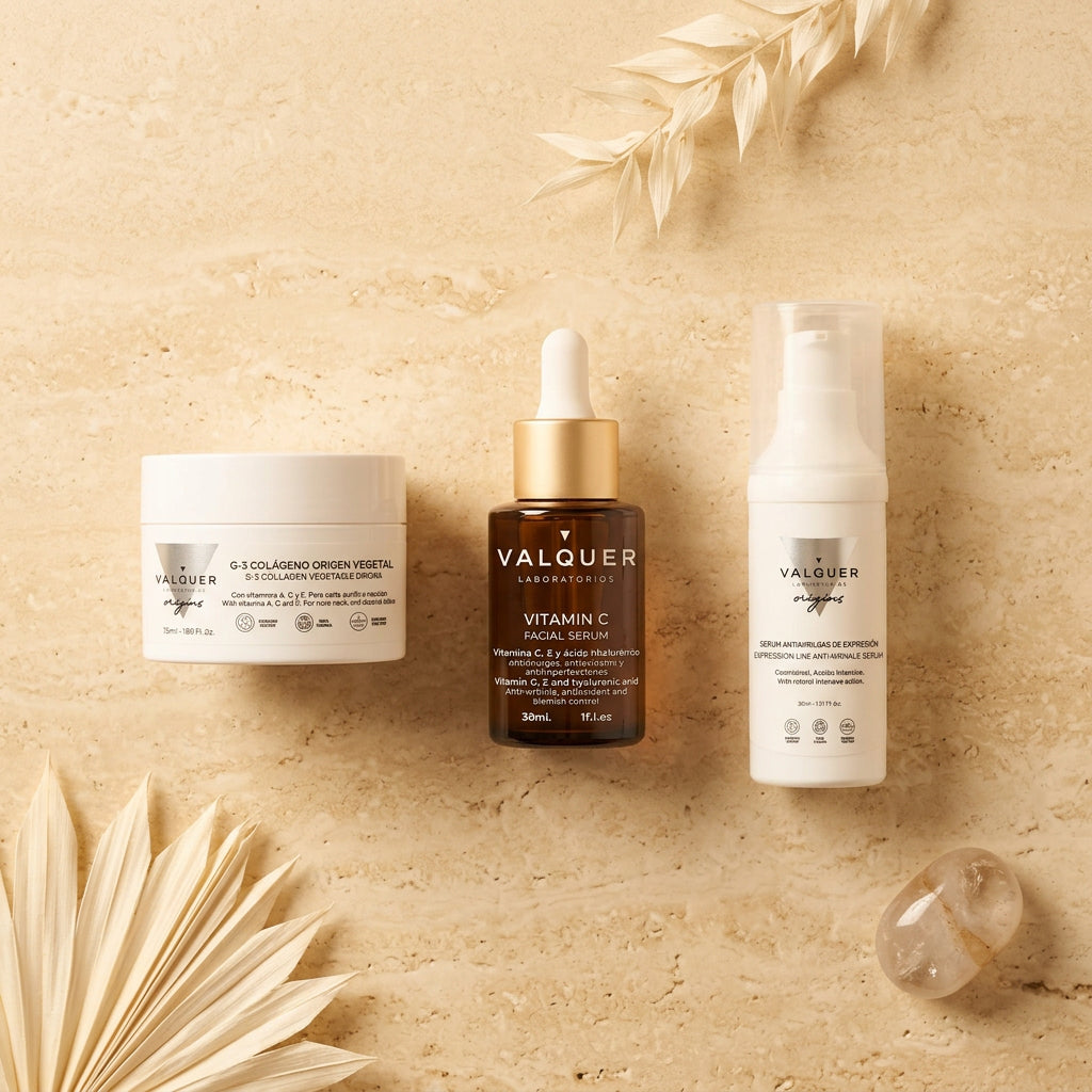 Pack Antiedad Facial de Valquer con crema colágeno G-3, sérum vitamina C y sérum antiarrugas de expresión sobre fondo beige