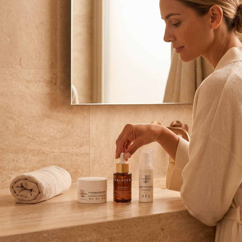 Pack Antiedad Facial de Valquer con crema colágeno G-3, sérum vitamina C y sérum antiarrugas de expresión sobre tocador