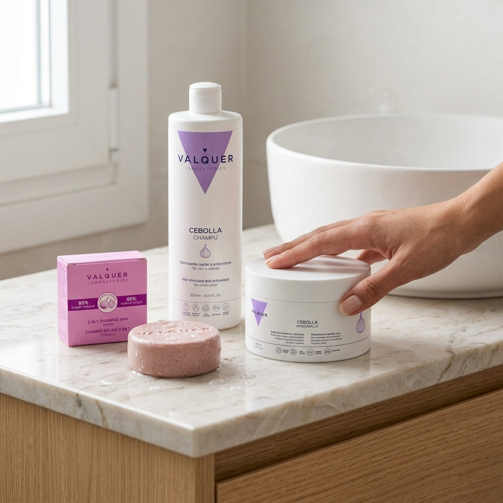 Pack capilar de cebolla Valquer con champú, mascarilla y champú sólido en baño