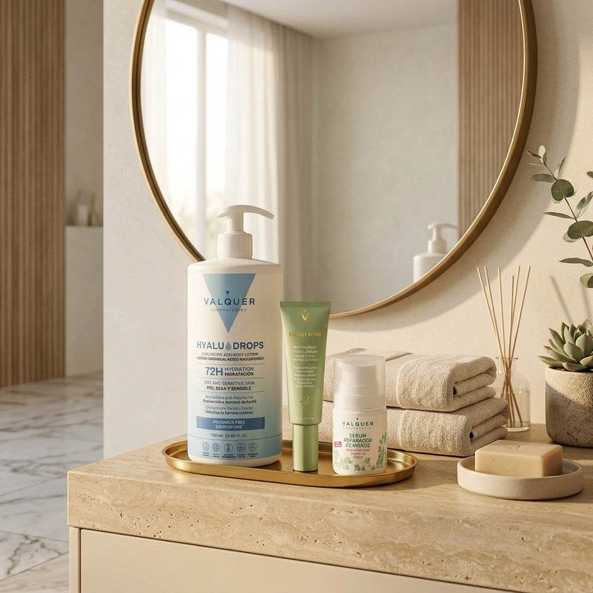 Pack de cuidado corporal, facial y de manos con Hyaludrops Sin Perfume, crema Energy Bomb y sérum reparador de manos Valquer.