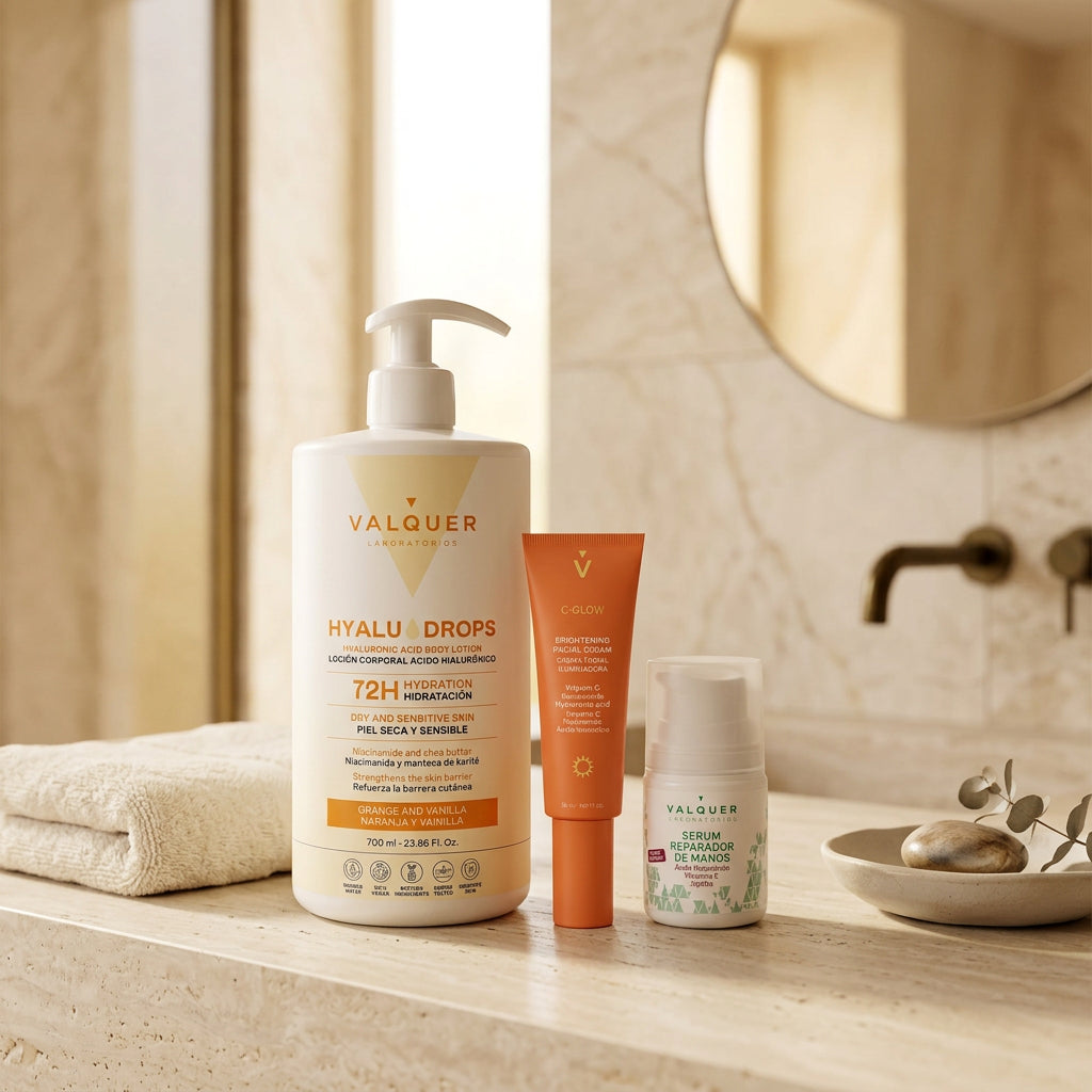 Pack de cuidado corporal y facial Valquer con Hyaludrops Naranja y Vainilla, sérum de manos y crema C-Glow.