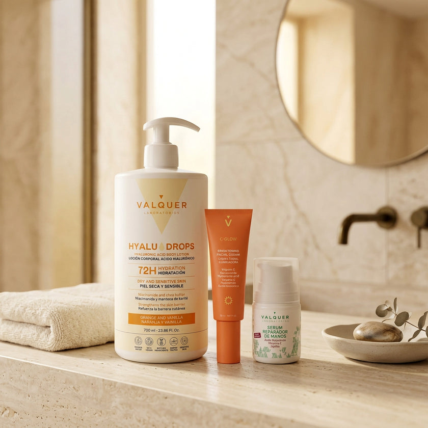 Pack de cuidado corporal y facial Valquer con Hyaludrops Naranja y Vainilla, sérum de manos y crema C-Glow.