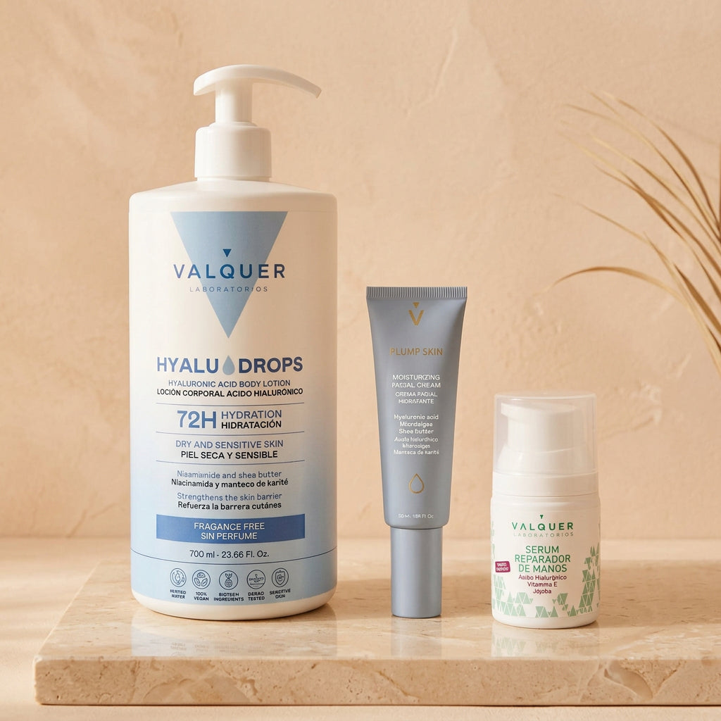 Pack de cuidado corporal y facial Valquer con Hyaludrops Sin Perfume, sérum de manos y crema Plump Skin.
