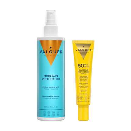 Pack Dúo Solar Best Seller de Valquer con Hair Sun Protector 300 ml y Sérum Solar Facial Invisible SPF 50+ 40 ml.