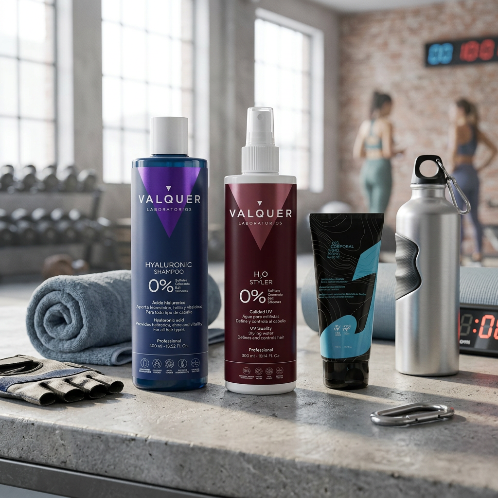 Pack Fresh Start de Valquer junto a deportista aplicando gel frío con champú ácido hialurónico y agua de peinado