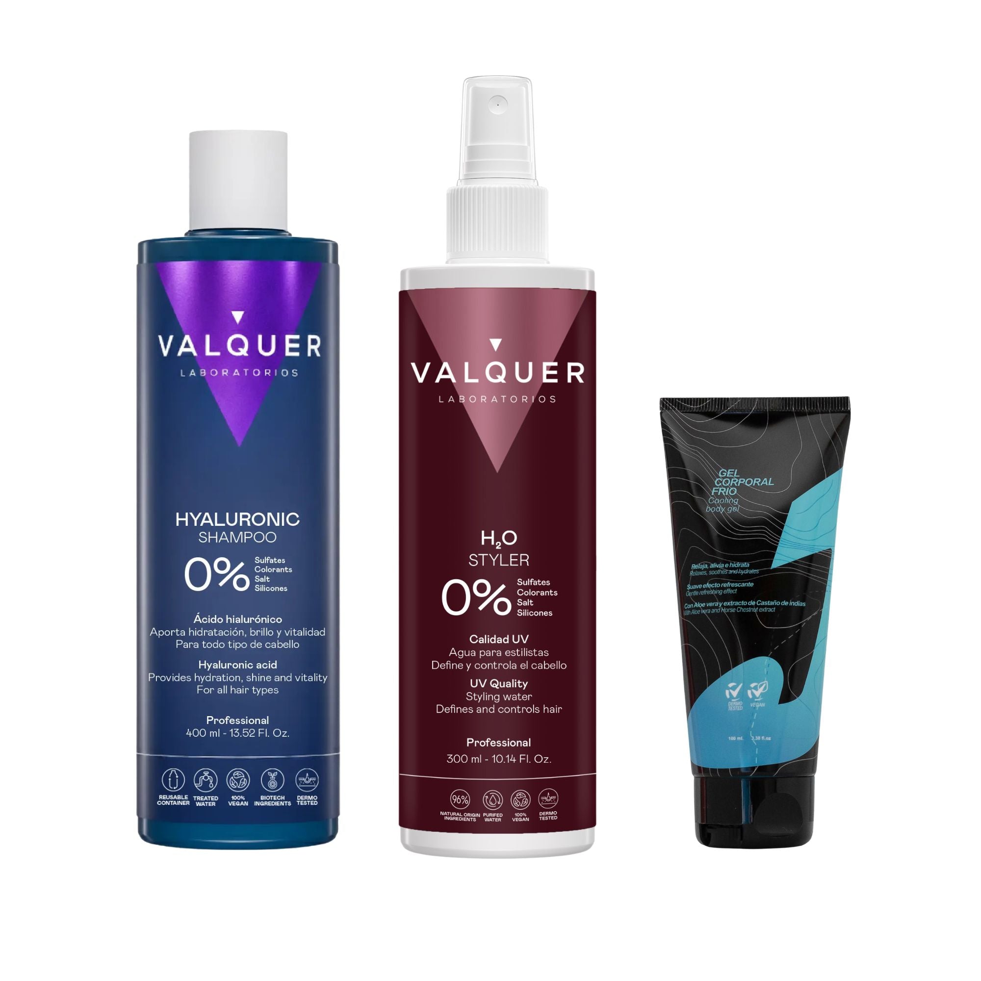 Pack Fresh Start de Valquer con gel frío, champú con ácido hialurónico y agua de peinado sobre fondo blanco