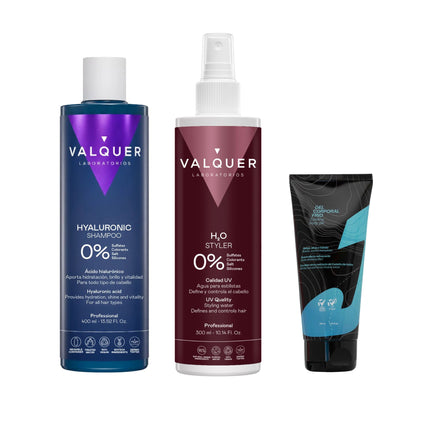 Pack Fresh Start de Valquer con gel frío, champú con ácido hialurónico y agua de peinado sobre fondo blanco