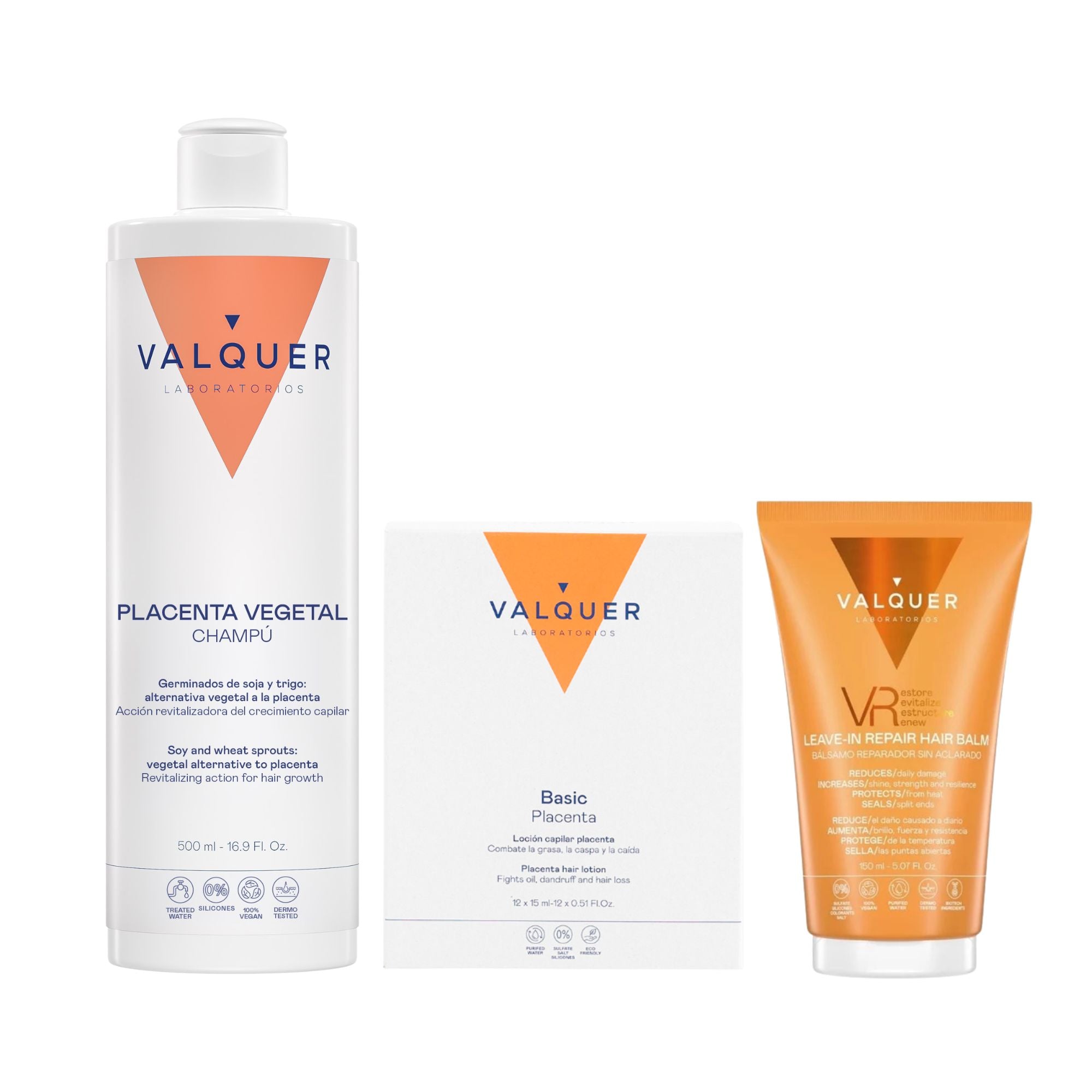 Pack Fuerza y Densidad Capilar con Placenta Valquer: champú, loción capilar Basic Placenta y bálsamo VR Leave-In Repair
