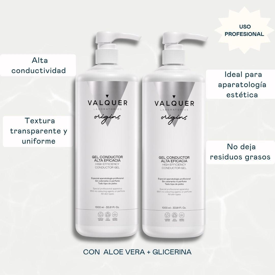 Pack Gel Conductor Facial & Corporal Valquer 2000 ml (2x1000 ml): alta conductividad, textura transparente y uniforme, ideal para aparatología estética, sin residuos grasos