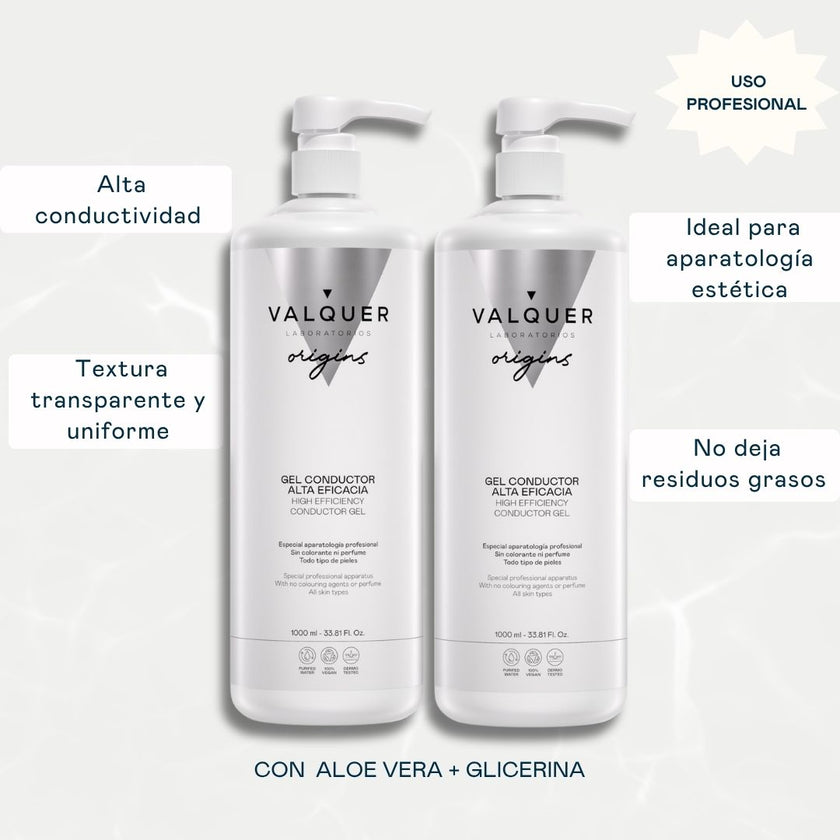 Pack Gel Conductor Facial & Corporal Valquer 2000 ml (2x1000 ml): alta conductividad, textura transparente y uniforme, ideal para aparatología estética, sin residuos grasos
