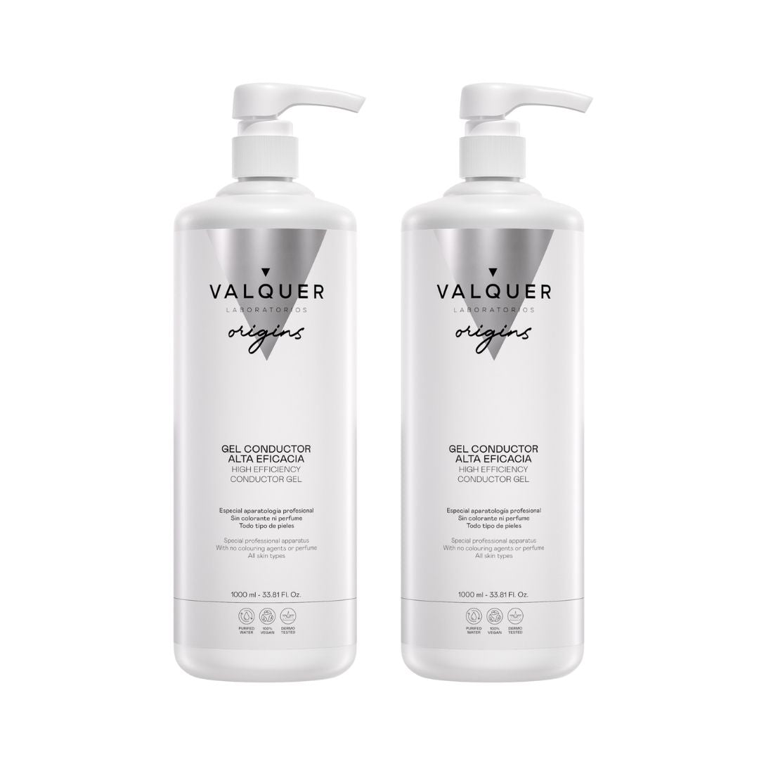 Packshot del Pack Gel Conductor Facial & Corporal Valquer 2000 ml, dos botellas de 1000 ml para uso profesional