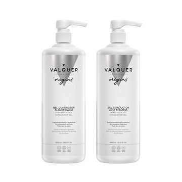 Packshot del Pack Gel Conductor Facial & Corporal Valquer 2000 ml, dos botellas de 1000 ml para uso profesional