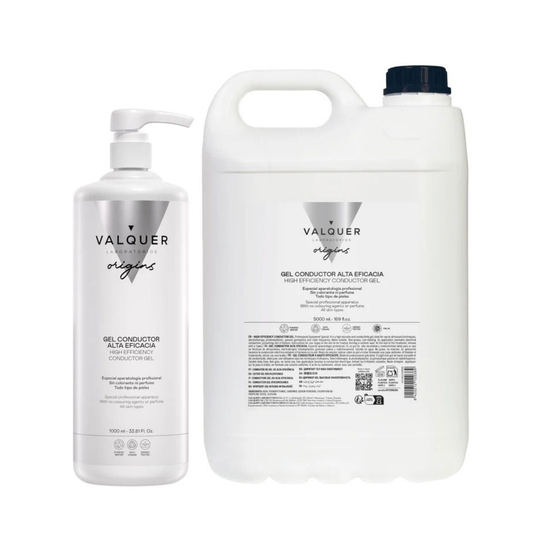 Packshot del Pack Gel Conductor Facial & Corporal Valquer 6000 ml: botella profesional de 1000 ml y garrafa de 5000 ml
