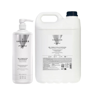 Packshot del Pack Gel Conductor Facial & Corporal Valquer 6000 ml: botella profesional de 1000 ml y garrafa de 5000 ml