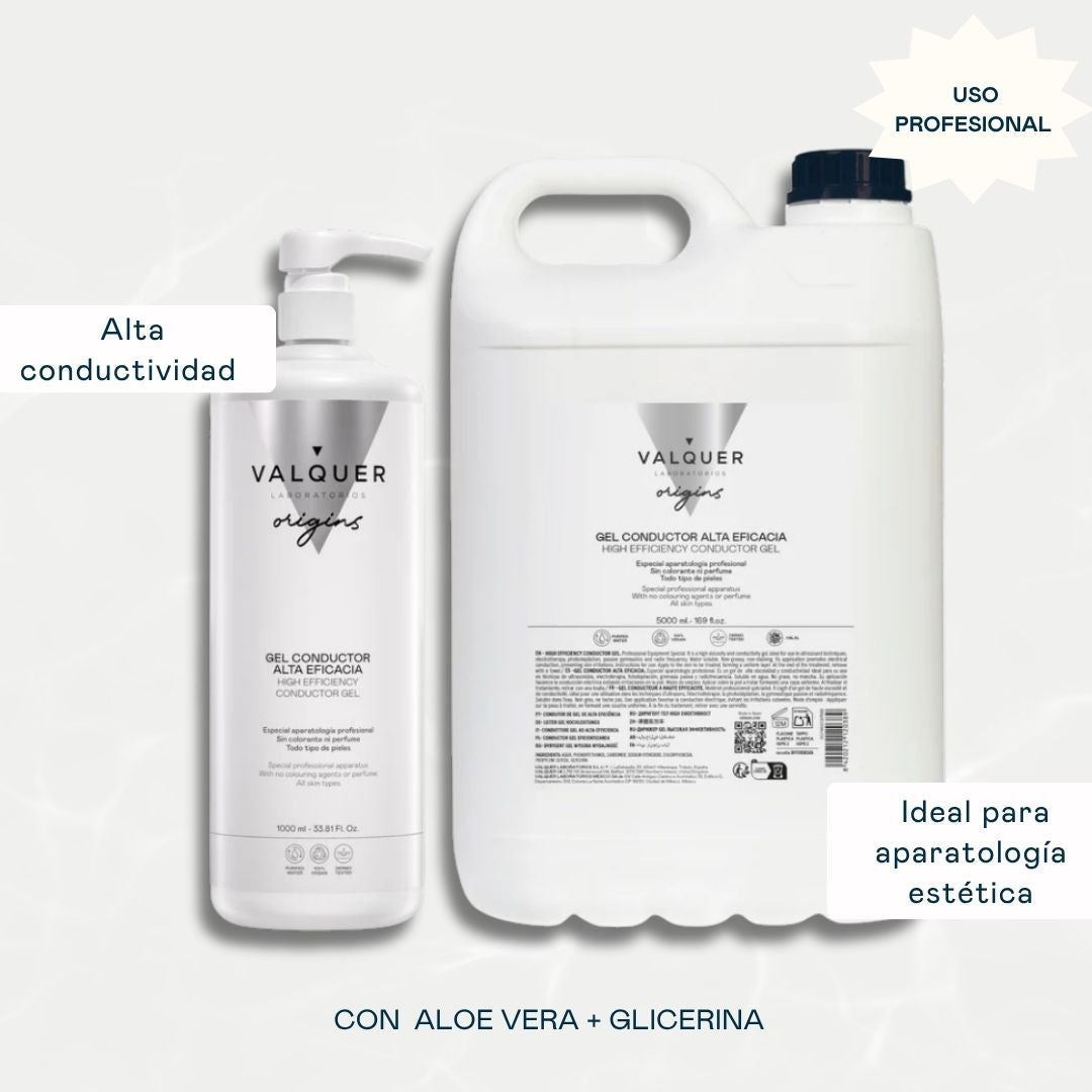 Pack Gel Conductor Facial & Corporal Valquer 6000 ml: botella de 1000 ml + garrafa de 5000 ml, alta conductividad, ideal para aparatología estética