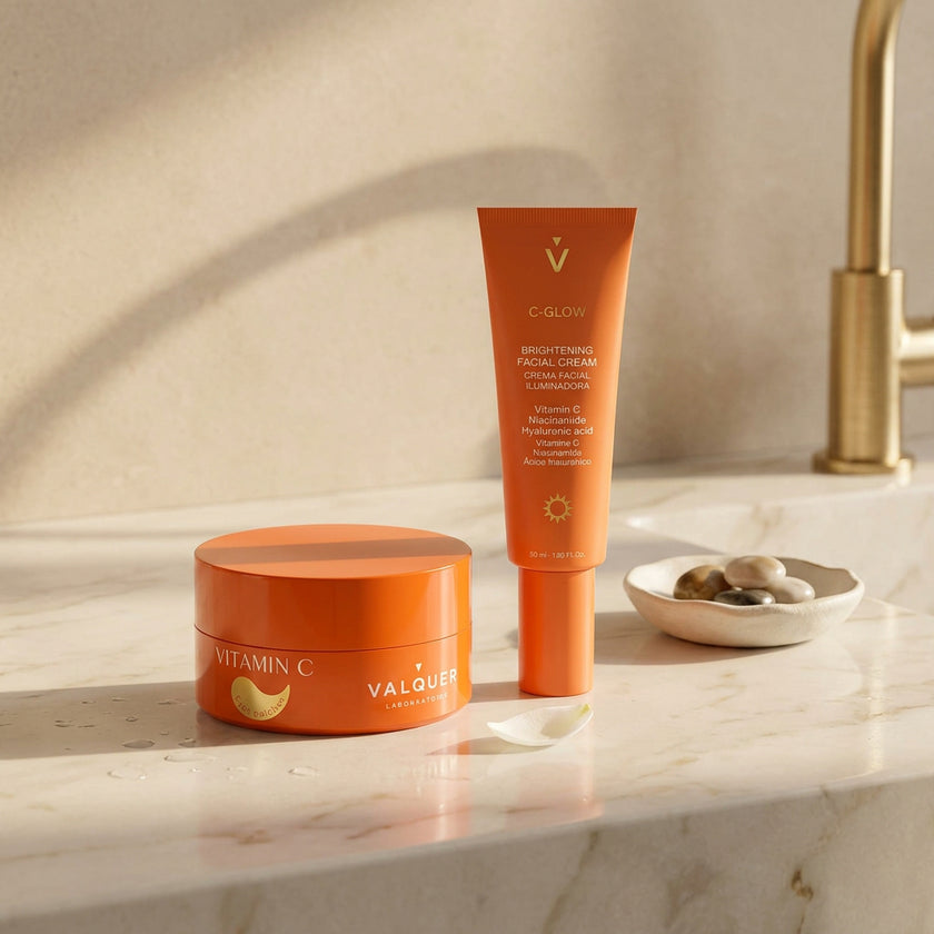 Pack Glow Instantáneo con parches contorno de ojos vitamina C y crema facial iluminadora C-Glow de Valquer