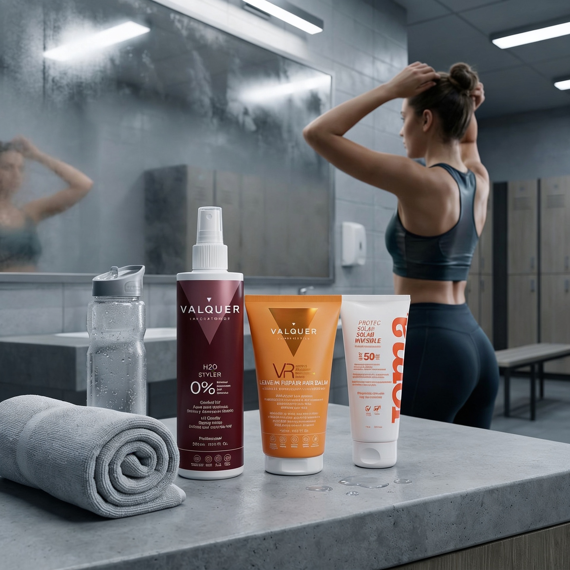 Pack Gym & Go de Valquer en vestuario deportivo con sérum solar facial invisible SPF 50+, agua de peinado y bálsamo VR sin aclarado