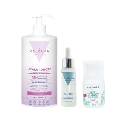 Pack Valquer con loción corporal Hyaludrops Coco y Algodón, sérum reparador de manos y sérum facial hidratante.