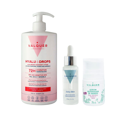 Pack Valquer con Hyaludrops Fresa y Karité, sérum reparador de manos y sérum facial con ácido hialurónico.