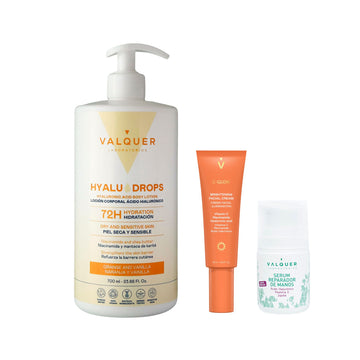 Pack Valquer con Hyaludrops Naranja y Vainilla, sérum reparador de manos y crema facial iluminadora C-Glow