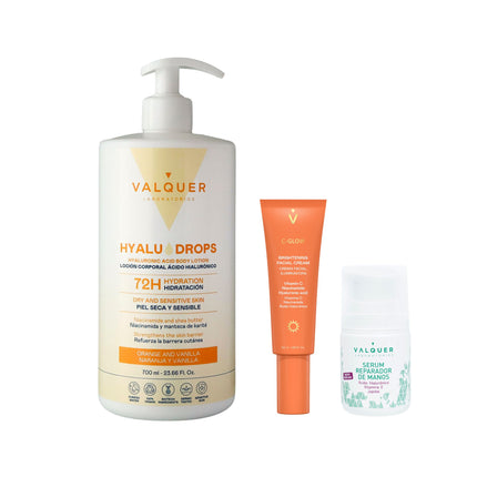 Pack Valquer con Hyaludrops Naranja y Vainilla, sérum reparador de manos y crema facial iluminadora C-Glow