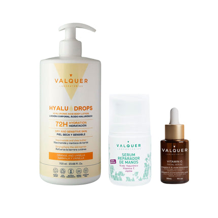Pack Valquer con Hyaludrops Naranja y Vainilla, sérum reparador de manos y sérum facial de vitamina C