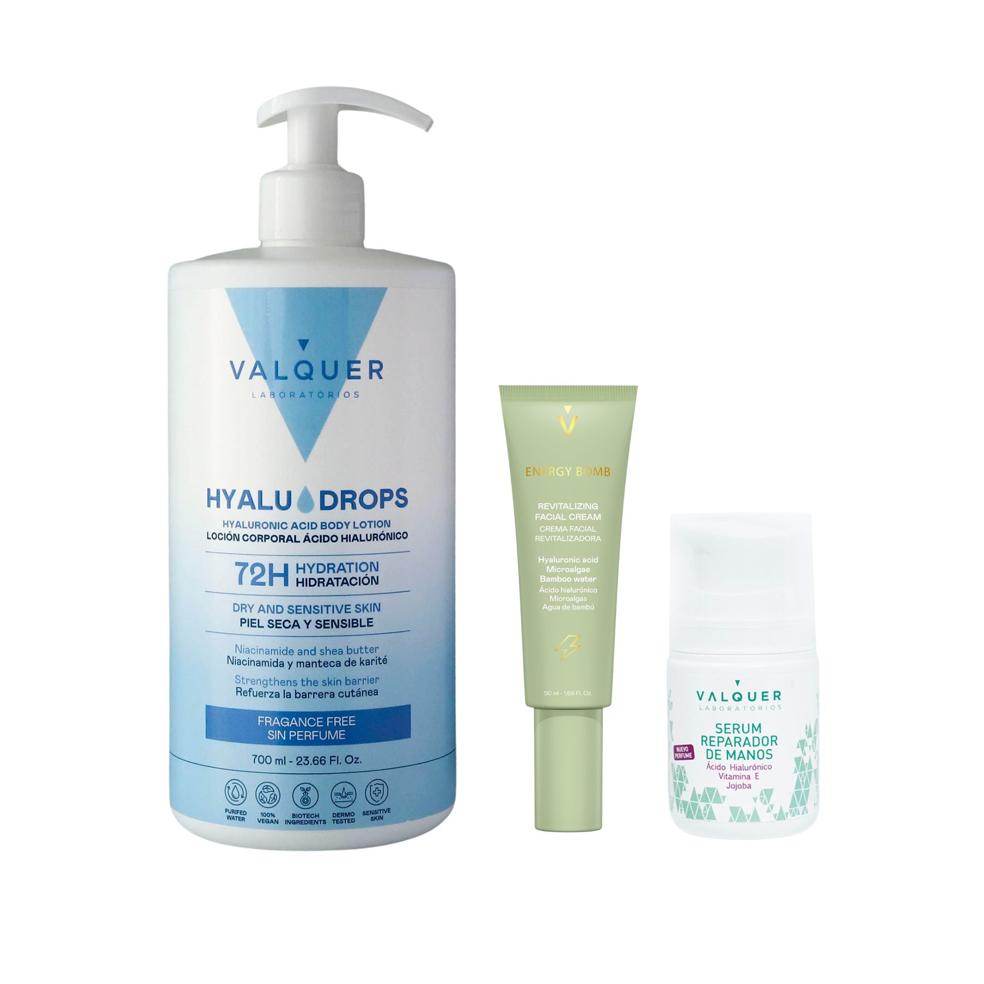 Pack Valquer con Hyaludrops Sin Perfume, sérum reparador de manos y crema facial revitalizante Energy Bomb.