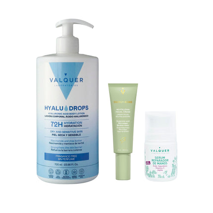 Pack Valquer con Hyaludrops Sin Perfume, sérum reparador de manos y crema facial revitalizante Energy Bomb.