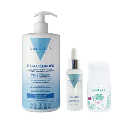 Pack Valquer con Hyaludrops Sin Perfume, sérum reparador de manos y sérum facial hidratante Juicy Skin.