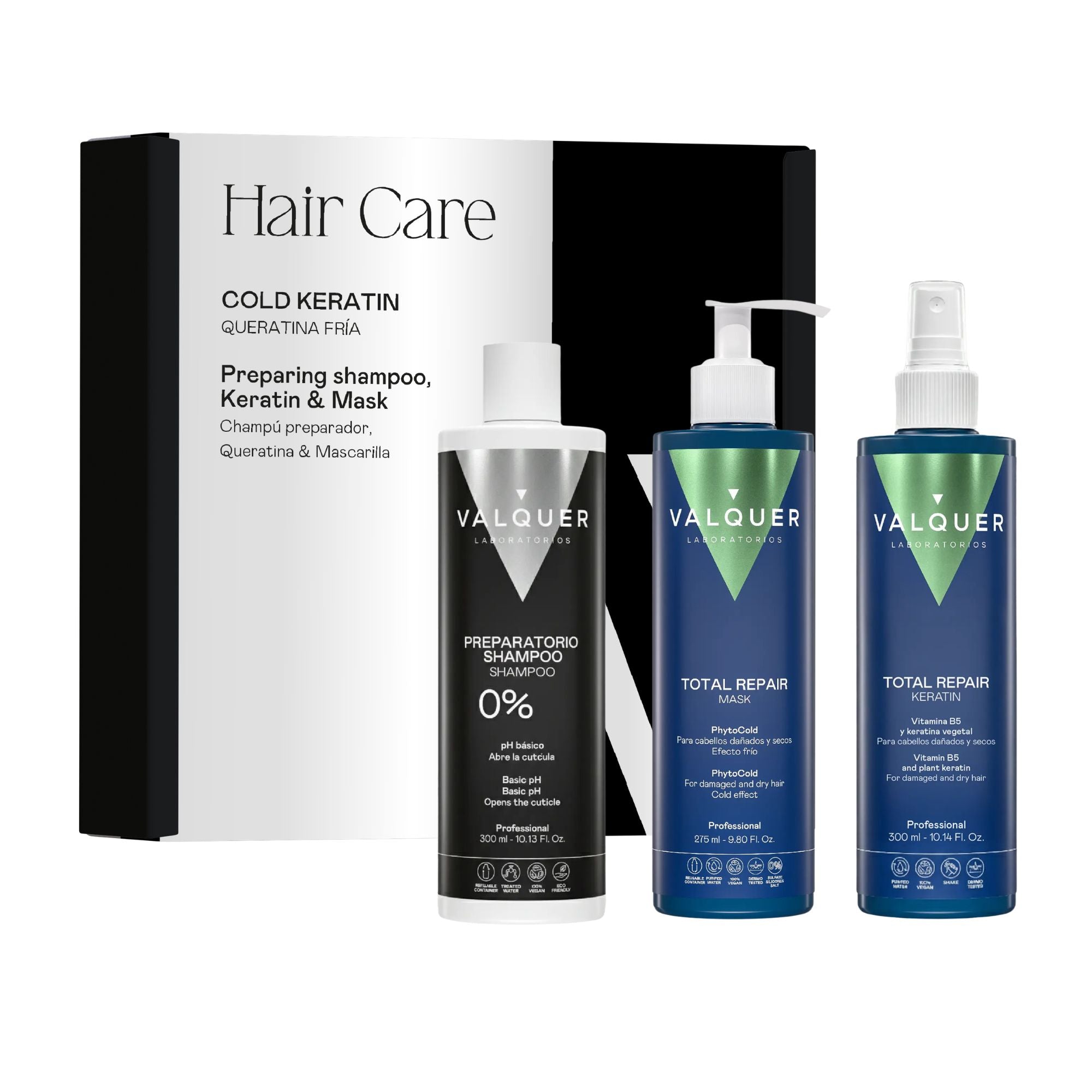Pack Hair Care Cold Keratin con champú preparador, mascarilla Total Repair y acondicionador bifásico Total Repair de Valquer.