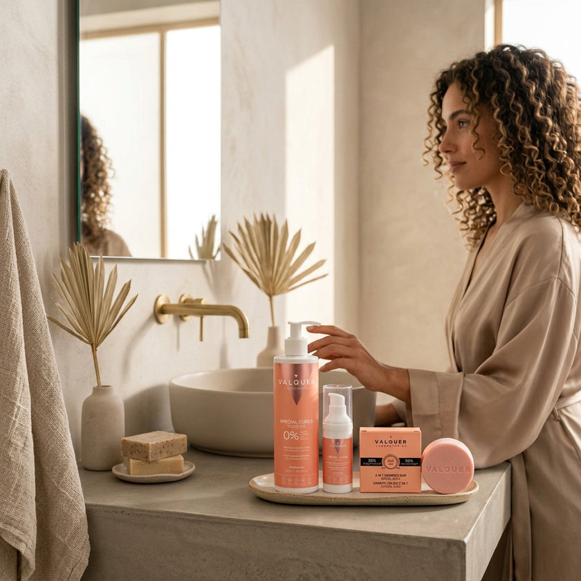Mujer con cabello rizado junto al pack Método Curly de Valquer con booster, sérum y champú sólido.