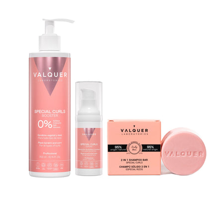 Pack Método Curly completo de Valquer con booster, sérum definidor y champú sólido para cabello rizado.