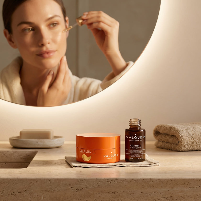 Mujer aplicando el sérum facial de vitamina C Valquer junto a los parches para el contorno de ojos.