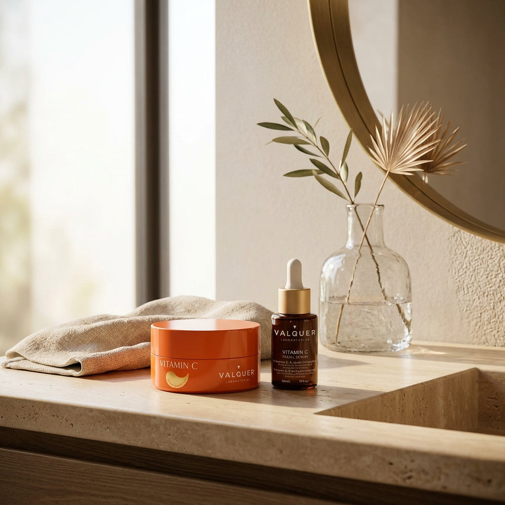 Pack de parches para el contorno de ojos y sérum facial de vitamina C Valquer en un baño luminoso.