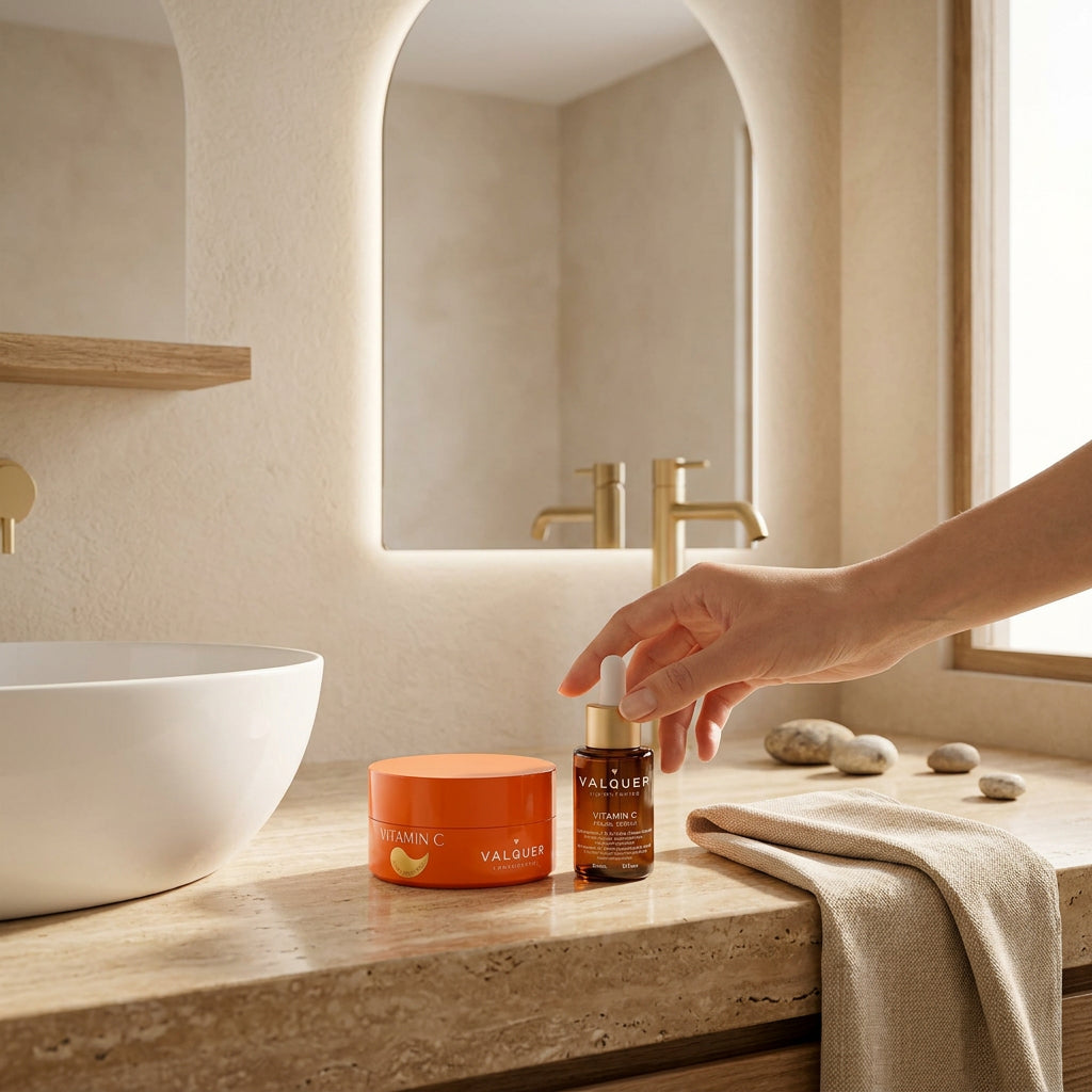 Pack de parches de vitamina C y sérum facial Valquer durante una rutina de cuidado facial.