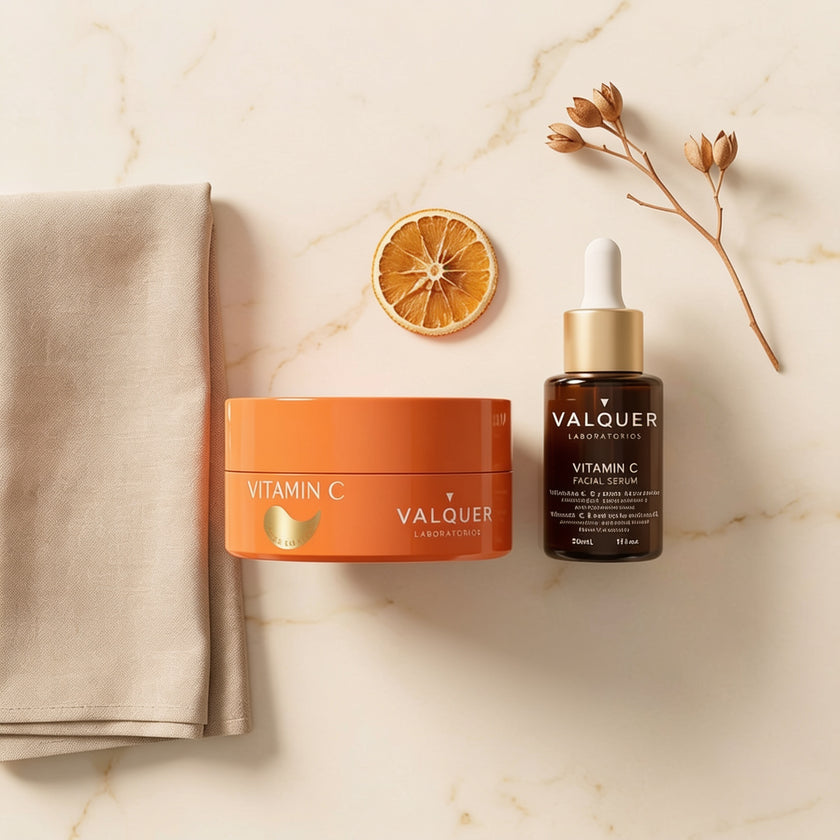 Pack de parches para ojos y sérum facial de vitamina C Valquer en vista cenital con naranja deshidratada