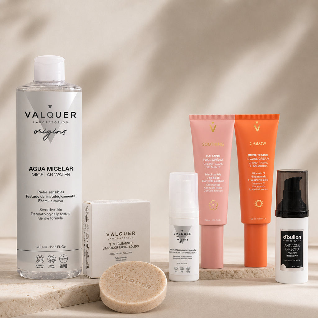 Bodegón del pack Valquer para piel con tendencia acneica y rutina facial completa
