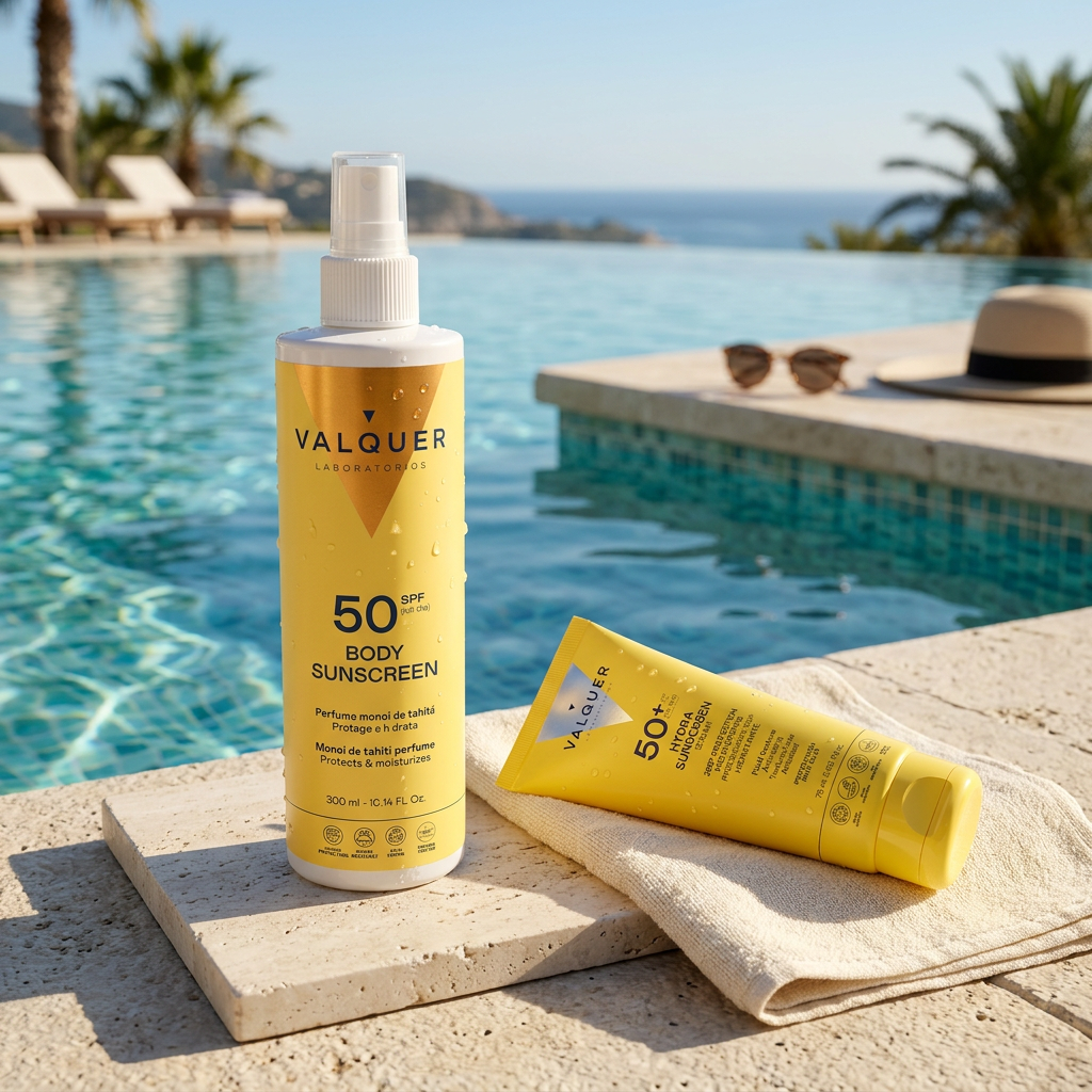 Pack Protección Solar Completa de Valquer con protector solar facial SPF 50+ y protector solar corporal SPF 50 junto a piscina