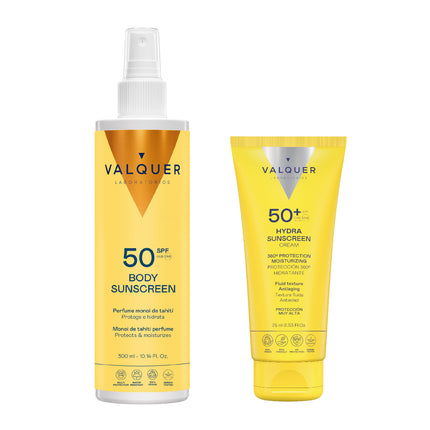 Pack Protección Solar Completa Hydra SPF 50+ de Valquer para el cuidado y la protección solar facial y corporal